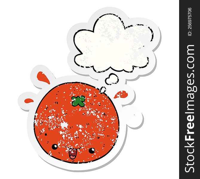 Cartoon Orange And Thought Bubble As A Distressed Worn Sticker
