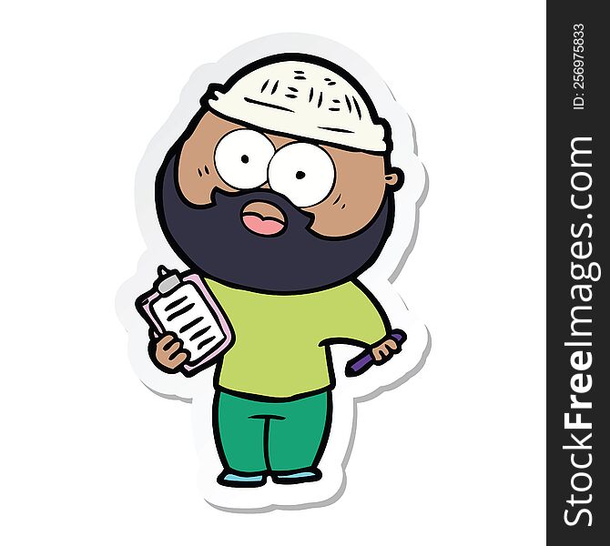 sticker of a cartoon bearded man with clipboard and pen