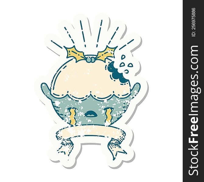 Grunge Sticker Of Tattoo Style Christmas Pudding Character Crying