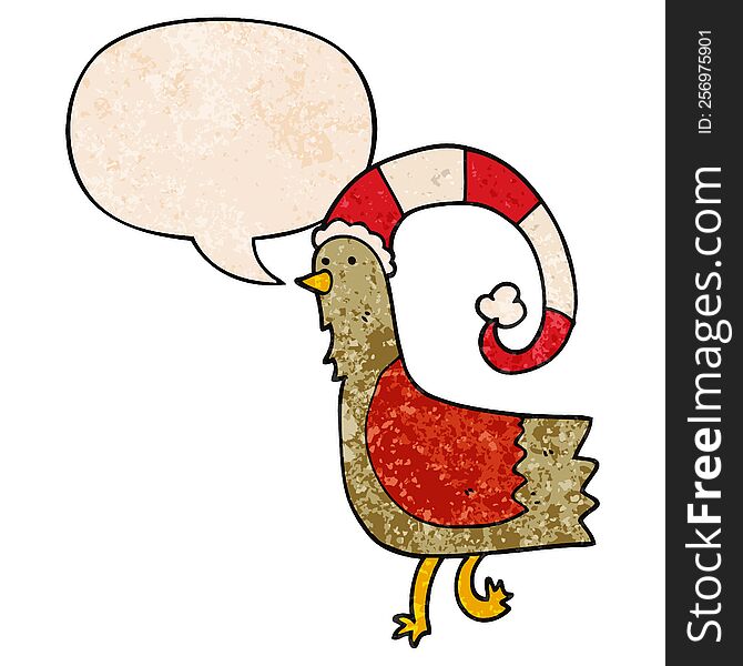 caroton chicken in funny christmas hat with speech bubble in retro texture style