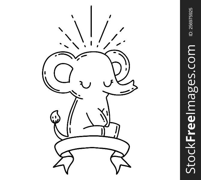 scroll banner with black line work tattoo style cute elephant
