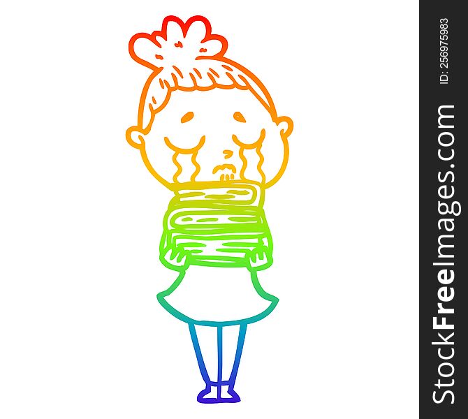 Rainbow Gradient Line Drawing Cartoon Crying Woman With Stack Of Books