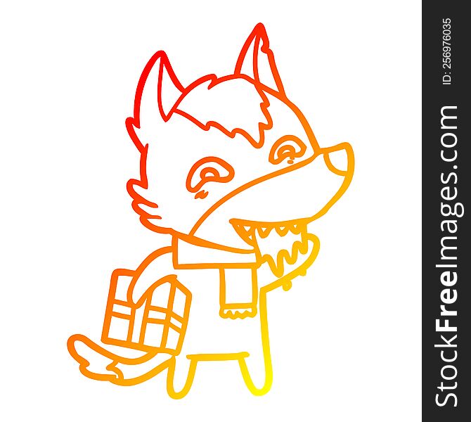 warm gradient line drawing of a cartoon hungry wolf holding christmas present