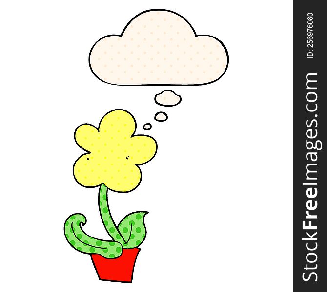 Cute Cartoon Flower And Thought Bubble In Comic Book Style