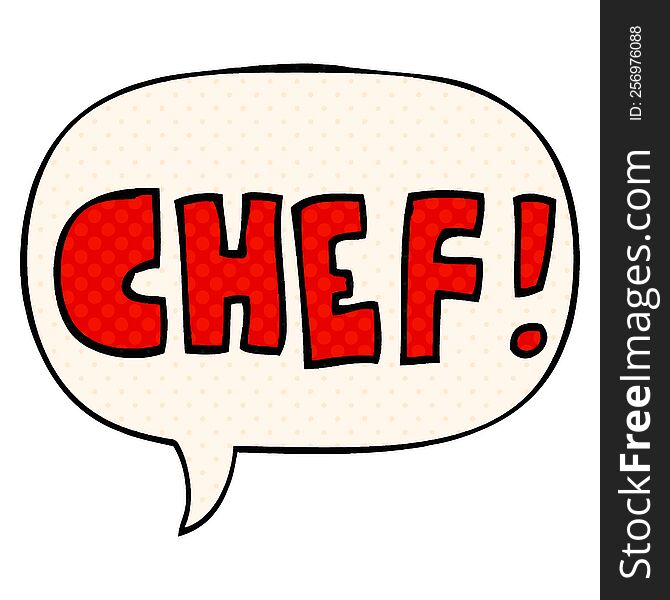 cartoon word chef with speech bubble in comic book style