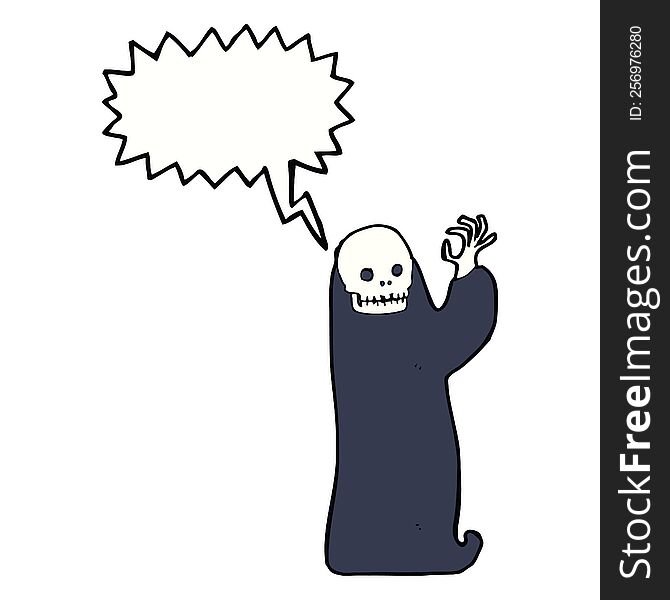 cartoon waving halloween ghoul with speech bubble