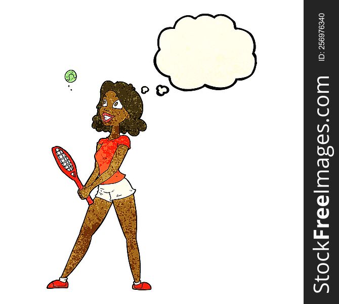 Cartoon Woman Playing Tennis With Thought Bubble