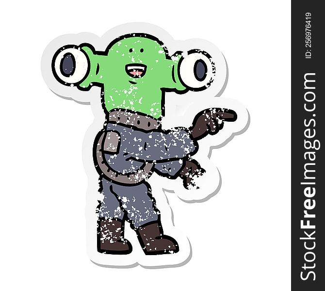 Distressed Sticker Of A Friendly Cartoon Alien Pointing