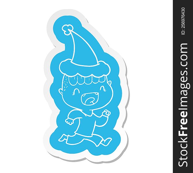 quirky cartoon  sticker of a happy boy laughing and running away wearing santa hat