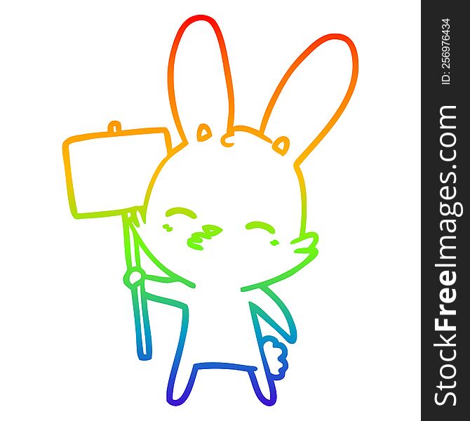 rainbow gradient line drawing of a curious bunny cartoon with placard
