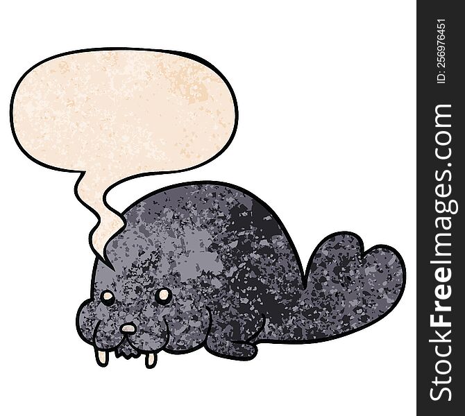 cute cartoon walrus with speech bubble in retro texture style