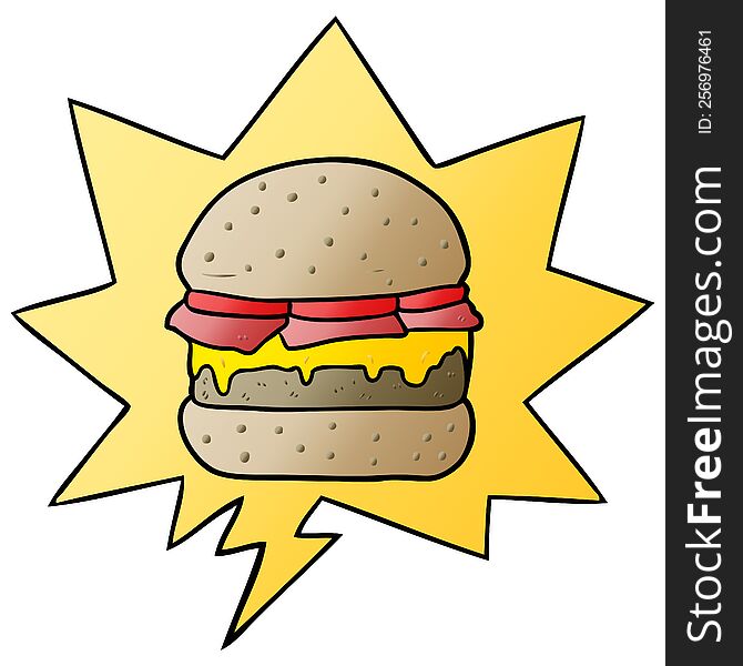 cartoon stacked burger and speech bubble in smooth gradient style