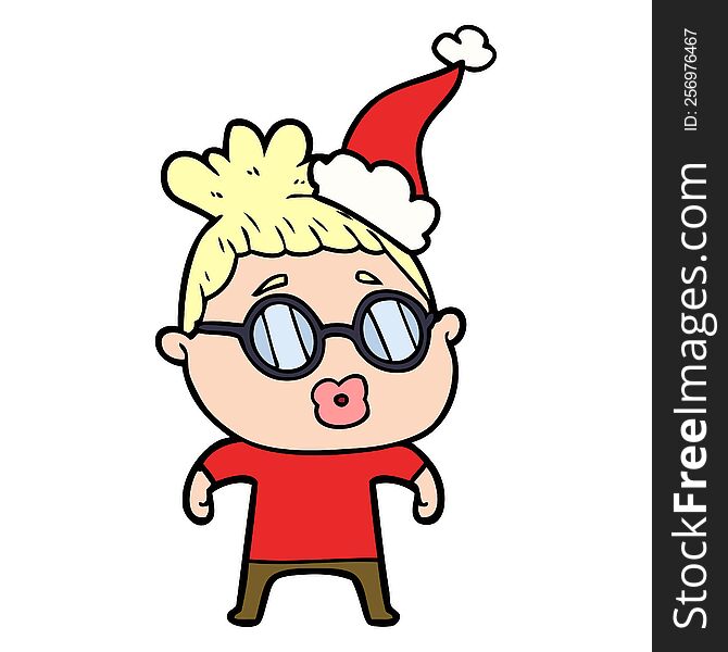 line drawing of a woman wearing spectacles wearing santa hat