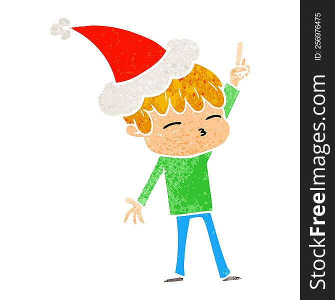 hand drawn retro cartoon of a curious boy wearing santa hat