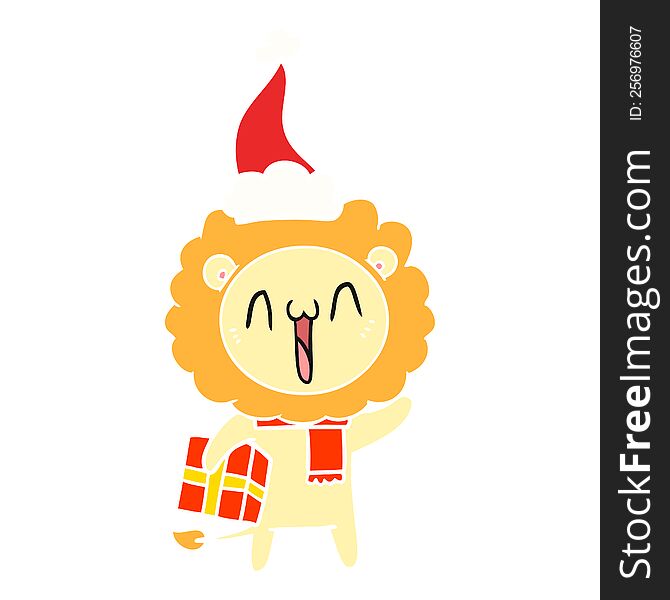 Happy Flat Color Illustration Of A Lion Wearing Santa Hat
