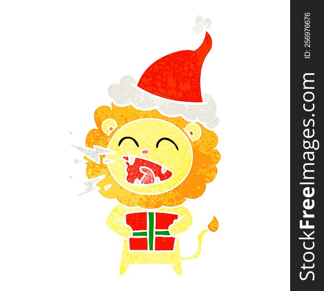 Retro Cartoon Of A Roaring Lion With Gift Wearing Santa Hat