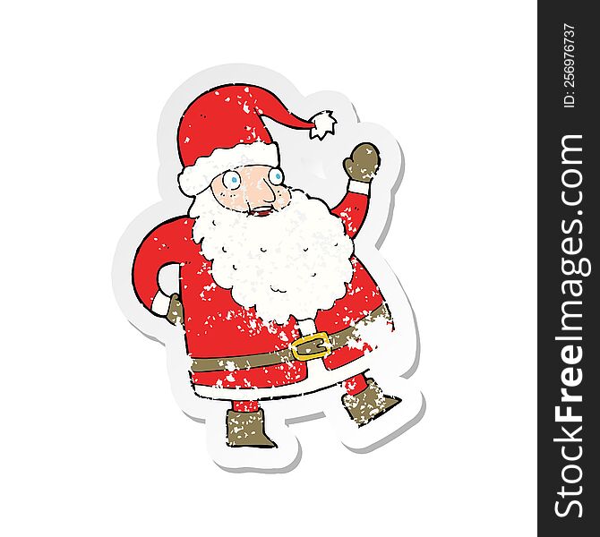 Retro Distressed Sticker Of A Funny Waving Santa Claus Cartoon