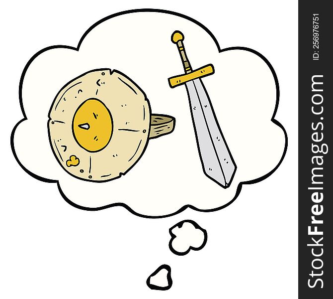 cartoon shield and sword with thought bubble. cartoon shield and sword with thought bubble