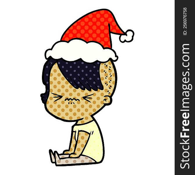 hand drawn comic book style illustration of a annoyed hipster girl wearing santa hat