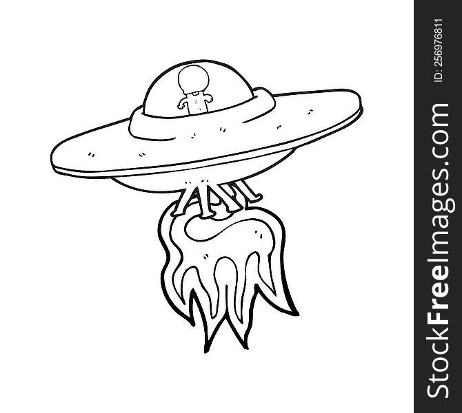 freehand drawn black and white cartoon alien flying saucer