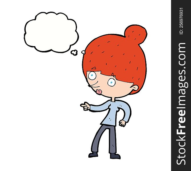 Cartoon Woman Pointing With Thought Bubble