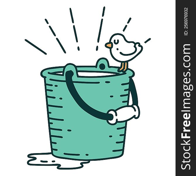 illustration of a traditional tattoo style bird perched on bucket of water