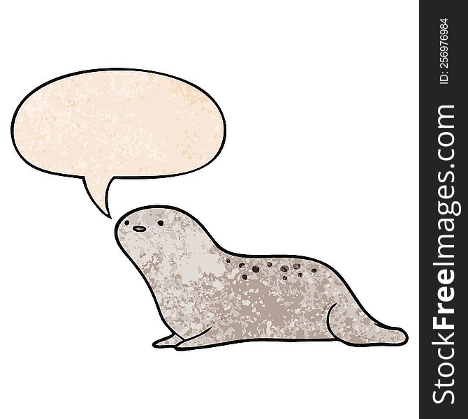 cute cartoon seal with speech bubble in retro texture style