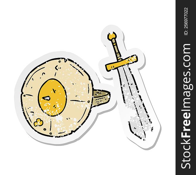 distressed sticker of a cartoon shield and sword