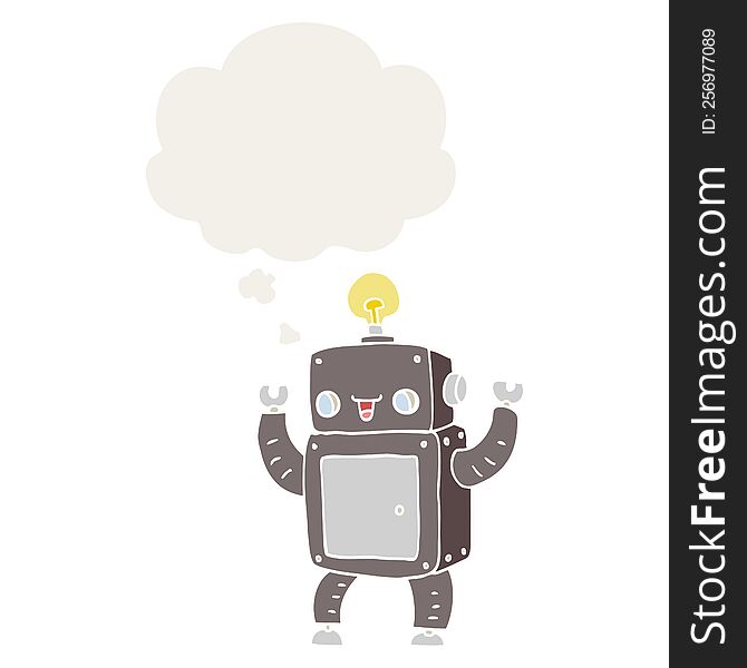 Cartoon Happy Robot And Thought Bubble In Retro Style