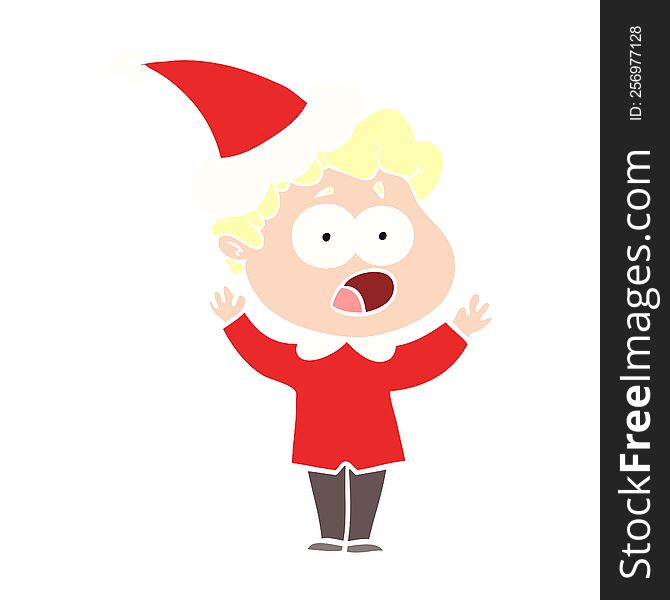 hand drawn flat color illustration of a man gasping in surprise wearing santa hat