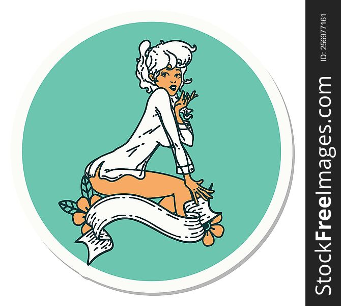 sticker of tattoo in traditional style of a pinup girl wearing a shirt with banner. sticker of tattoo in traditional style of a pinup girl wearing a shirt with banner