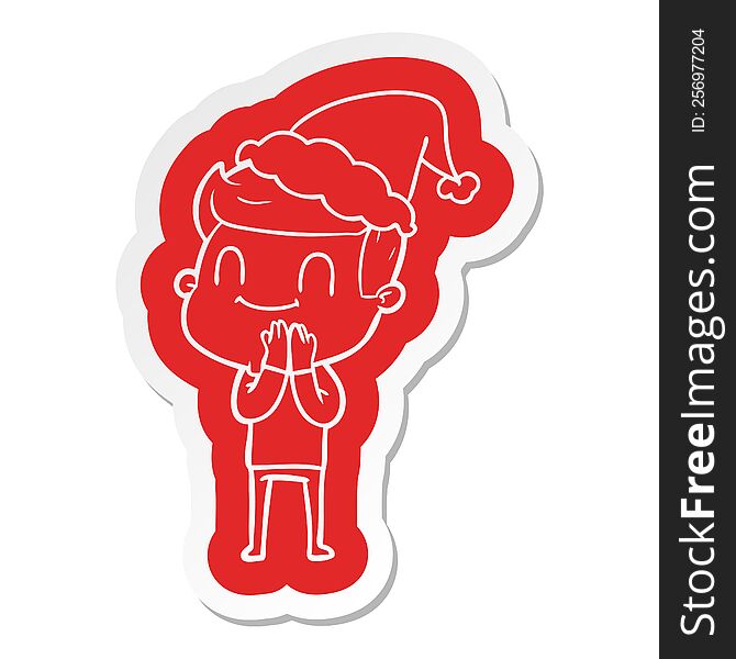 Cartoon  Sticker Of A Friendly Man Wearing Santa Hat