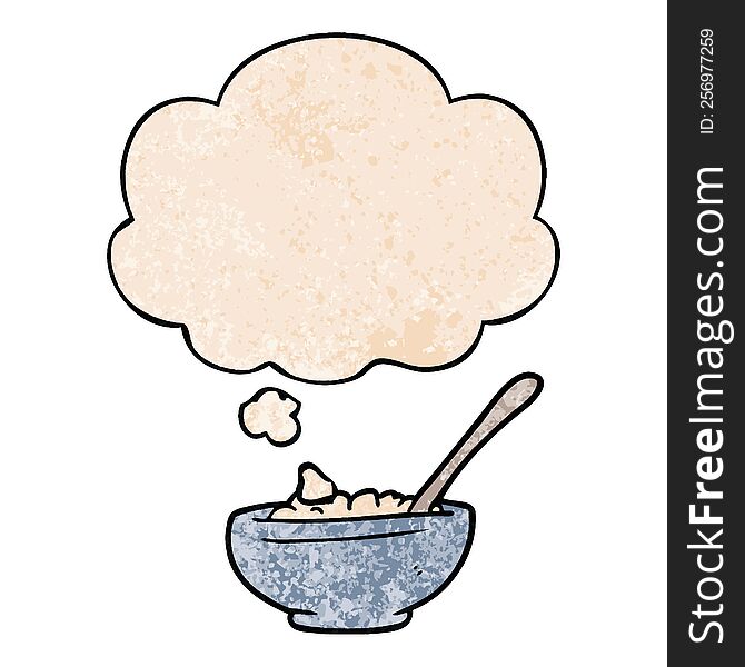 Cartoon Bowl Of Rice And Thought Bubble In Grunge Texture Pattern Style