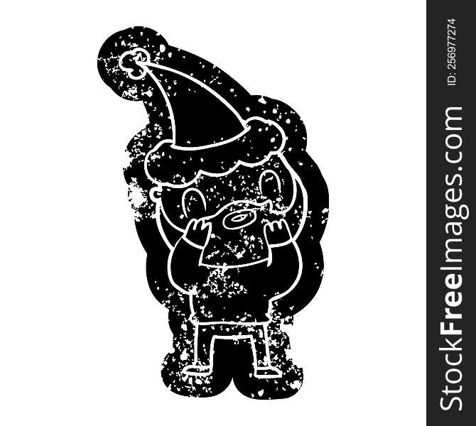 quirky cartoon distressed icon of a bearded man wearing santa hat