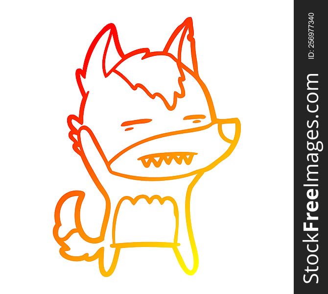 warm gradient line drawing of a cartoon wolf waving showing teeth