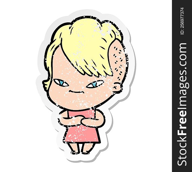 Distressed Sticker Of A Cute Cartoon Girl With Hipster Haircut