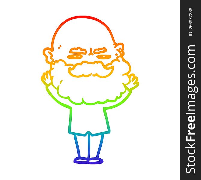 Rainbow Gradient Line Drawing Cartoon Man With Beard Frowning