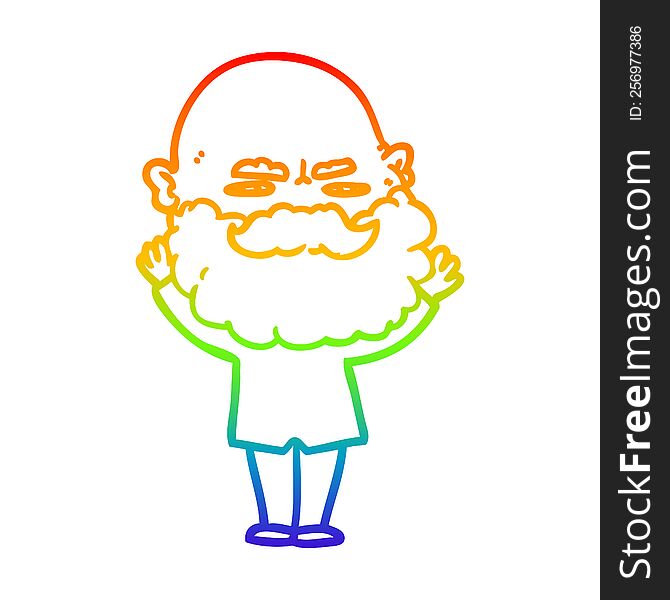 rainbow gradient line drawing of a cartoon man with beard frowning