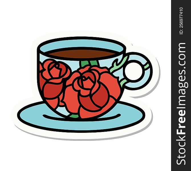 sticker of tattoo in traditional style of a cup and flowers. sticker of tattoo in traditional style of a cup and flowers