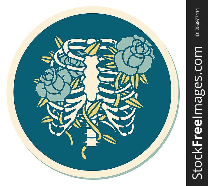 sticker of tattoo in traditional style of a rib cage and flowers. sticker of tattoo in traditional style of a rib cage and flowers