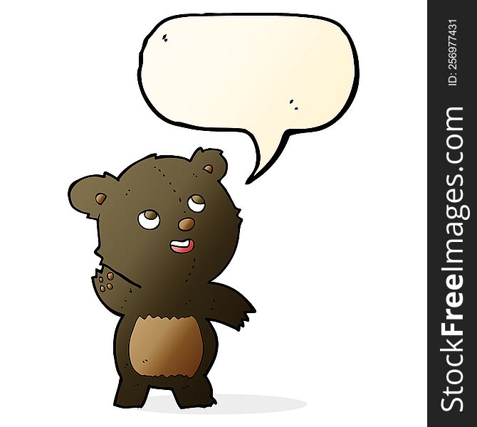 Cartoon Cute Waving Black Bear Teddy With Speech Bubble