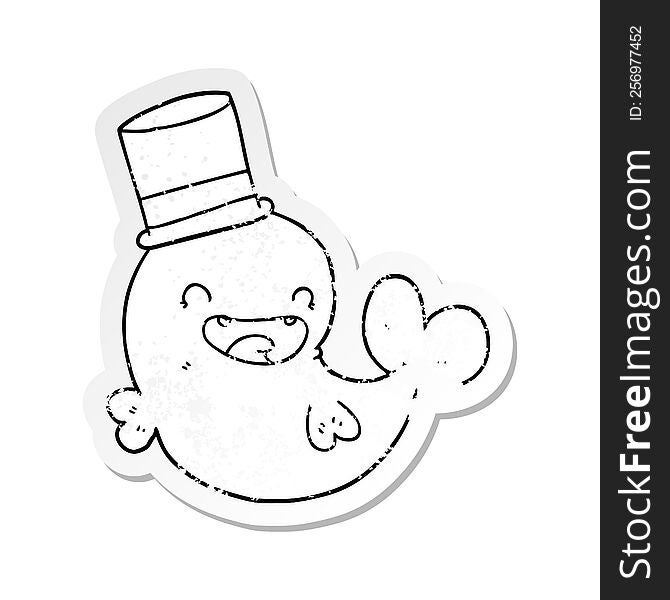 Distressed Sticker Of A Cartoon Laughing Whale With Top Hat