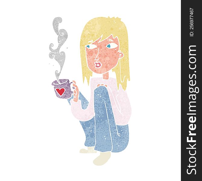 cartoon woman with nice cup of hot coffee. cartoon woman with nice cup of hot coffee