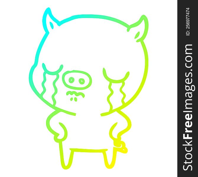 Cold Gradient Line Drawing Cartoon Pig Crying With Hands On Hips