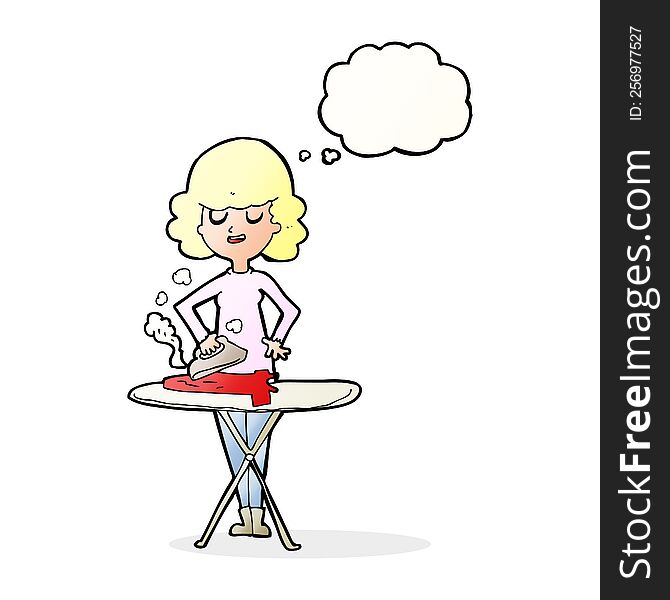 cartoon woman ironing with thought bubble