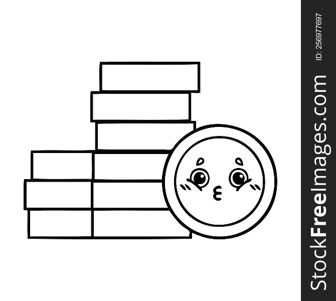 line drawing cartoon of a coins. line drawing cartoon of a coins