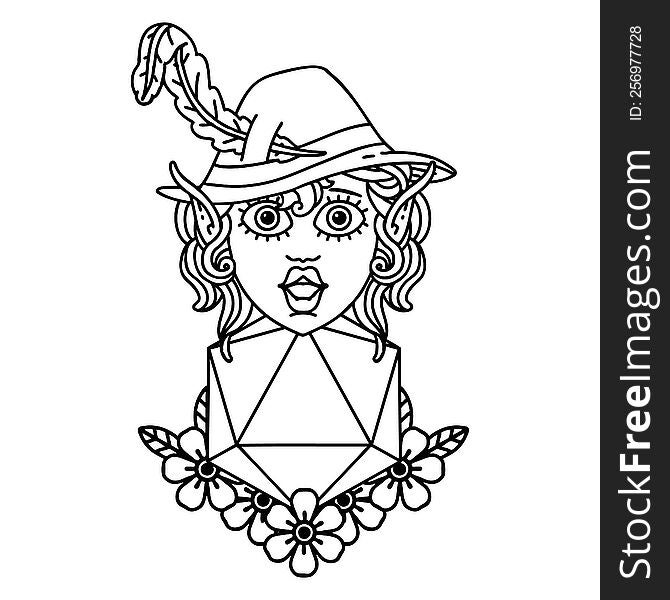 Black and White Tattoo linework Style elf bard character with natural twenty dice roll. Black and White Tattoo linework Style elf bard character with natural twenty dice roll