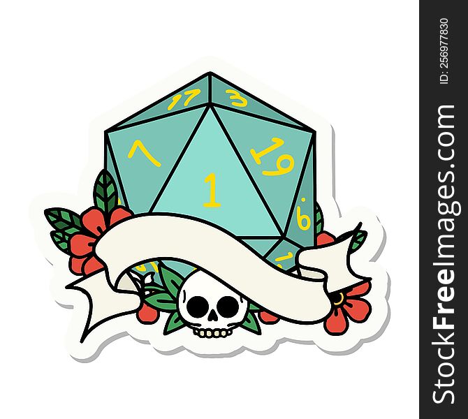 sticker of a natural one d20 dice roll. sticker of a natural one d20 dice roll