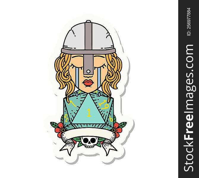 Crying Human Fighter With Natural One D20 Dice Sticker