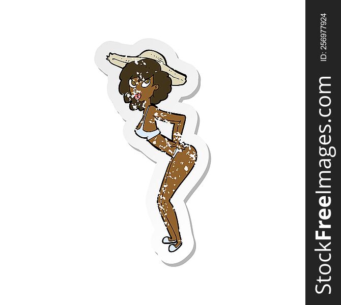 Retro Distressed Sticker Of A Cartoon Pin-up Beach Girl